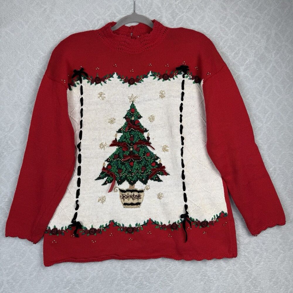 Vtg Beldoch Popper Ugly Christmas Tree Sweater Womens Large Holiday Grandmacore